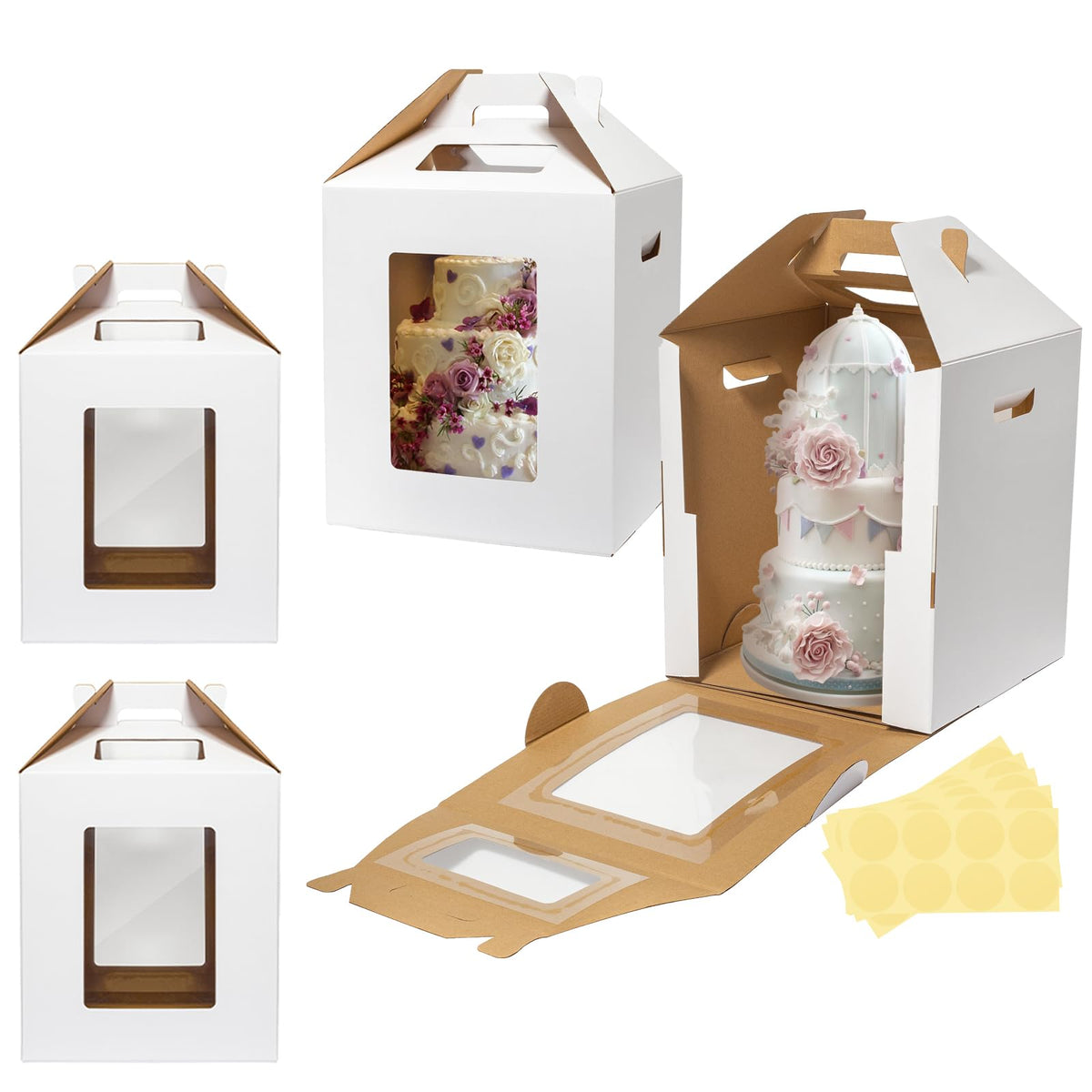 3 Pack Tall Cake Boxes for Tier Cakes 12x12x14 Inch Disposable Layer Tall Baking Carrier with Window Large Tierd Bakery Take Out Transport Containers with Handle for Wedding, Birthday, Party