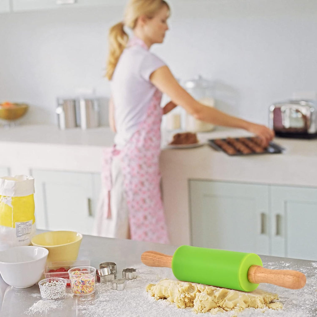 Mini Silicone Rolling Pin for Kids, Non-stick Surface Wood Handle, 9 Inch 2 Pack