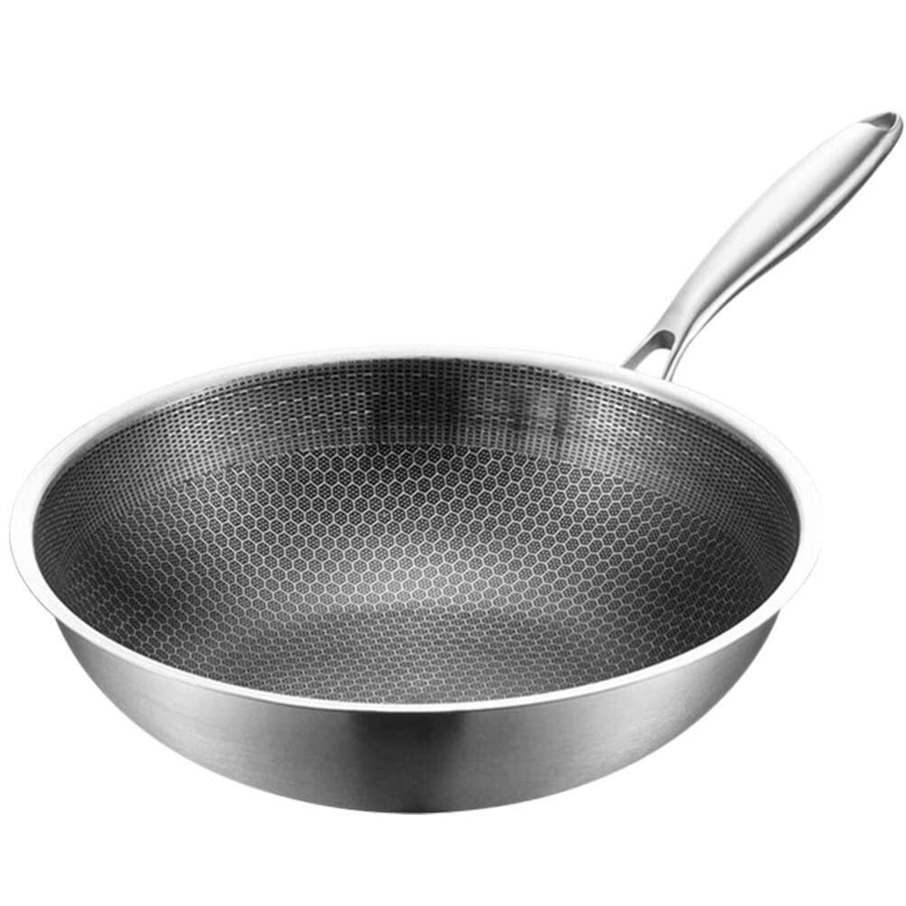 Yardwe Stainless Steel Wok Stainless Steel Cookware Flat Bottom Wok Stovetop Griddle Noodles Cooker Electric Stove Wok Deep Saute Pan Pot Nonstick Stainless Steel Griddle Pan Grilling Wok