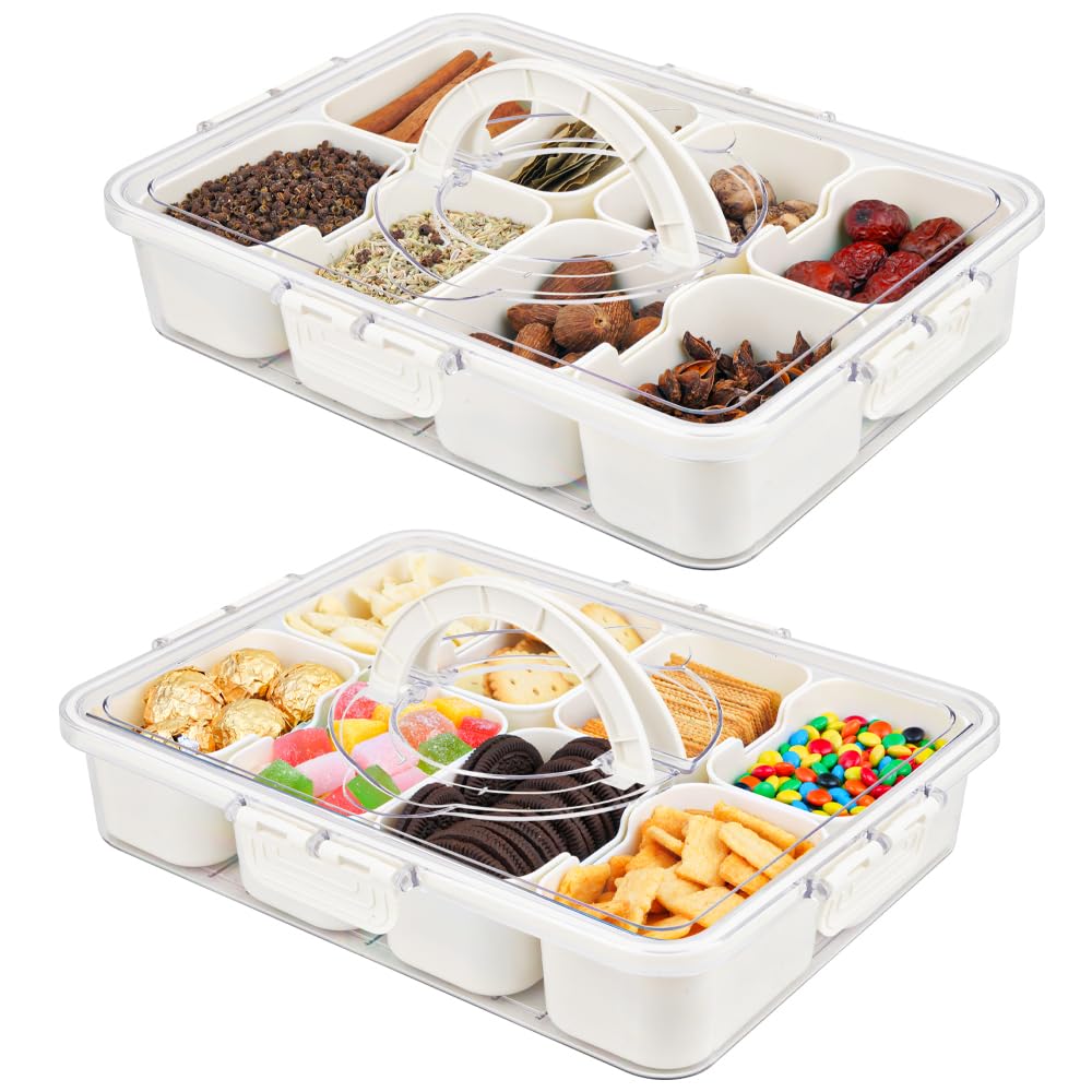 Snackle Box Container, 3rd Gen Vegetable Tray with Lid, Divided Serving Tray with Lid and Handle, 8 Compartment Veggie Platter, Snack Box Container, Food Organizer for Nuts, Candy, Fruits