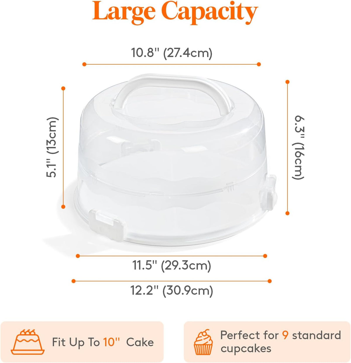 Lifewit Cake Carrier with Lid and Handle, Two Sided Cupcake Carrier Holder for 10” Cake or 9 Standard-Sized Cupcakes, Plastic Round Cake Transport Storage Container Stand for Pies and Cookies, White