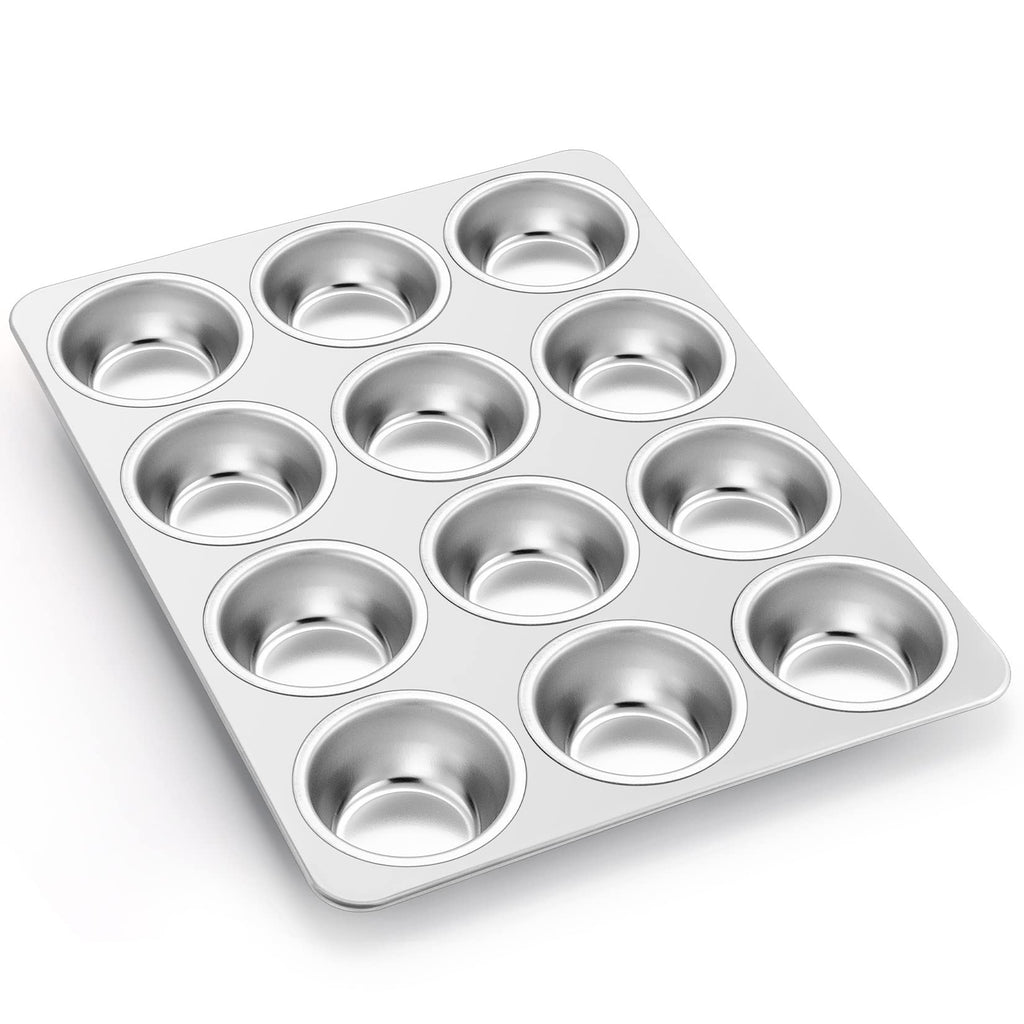 P&P CHEF Muffin Pan Cupcake Baking Pan Set, Stainless Steel Muffin Tin Tray for Mini Cake Tart Quiche, Oven & Dishwasher Safe, Non-toxic & Heavy-duty, (12 Cup, 2Pcs)