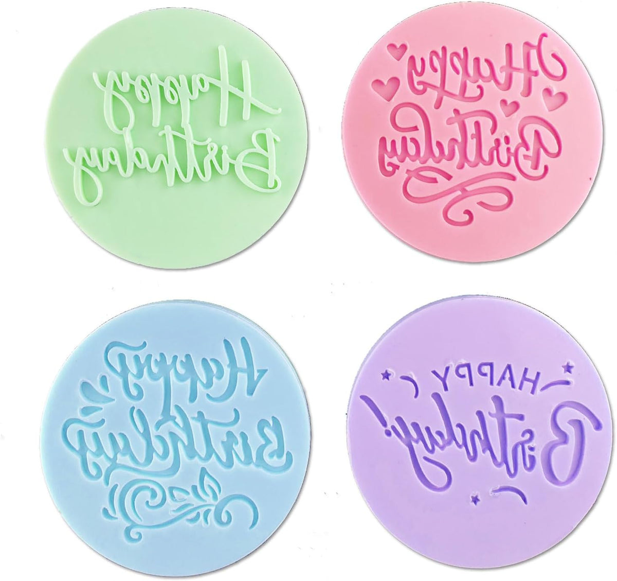 4Pcs Happy Birthday Fondant Embosser 3D Design Acrylic Mould Cookie Stamp, Cookie Cutters for DIY Baking Cake/Sugar Paste/Cupcake/Chocolate (3.15 inch, Random Colors)