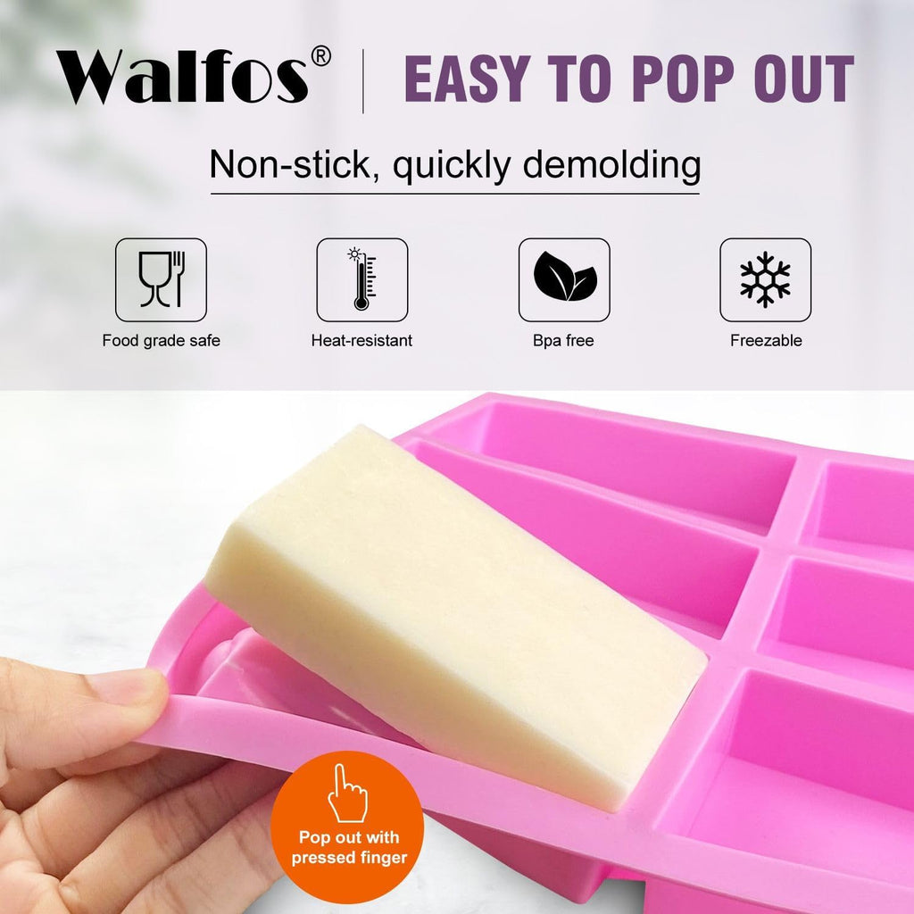 Walfos Silicone Soap Molds Set of 3, 6 Cavities Rectangle Silicone Soap Molds for Homemade Craft Soap Mold, Cake,Chocolate ＆ Ice Cube Tray（Blue & Purple ＆ Pink）