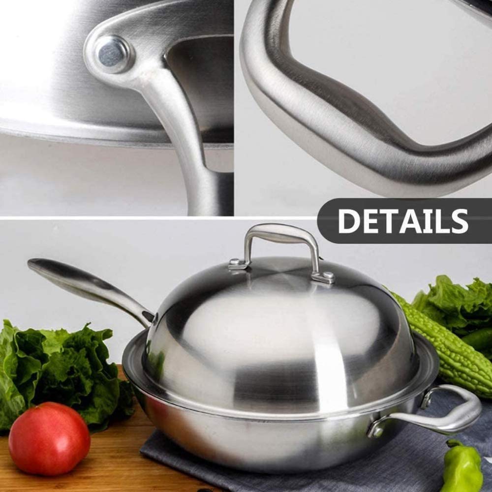 Wok With Lid, Professional 3-Ply Stainless Steel Chef's Pan with Lid,Fume-free Wok,suitable for Electric, Ceramic, Halogen, Gas and Induction Hobs, 32cm