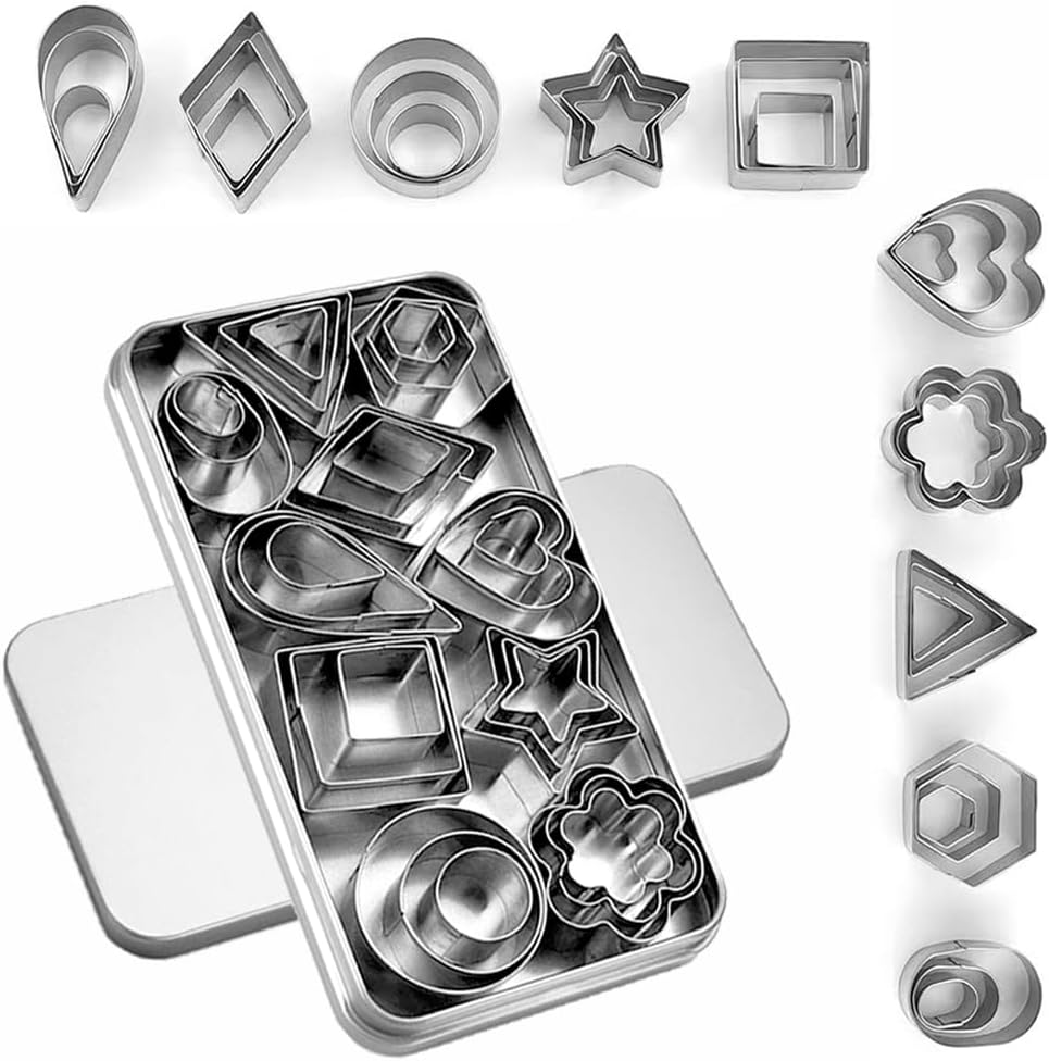 30Pcs Mini Cookie Cutter Set with Box, Small Stainless Steel Fruit Veggie Tiny Polymer Clay Cutters for Kids, Geometric Set for Biscuit Mold