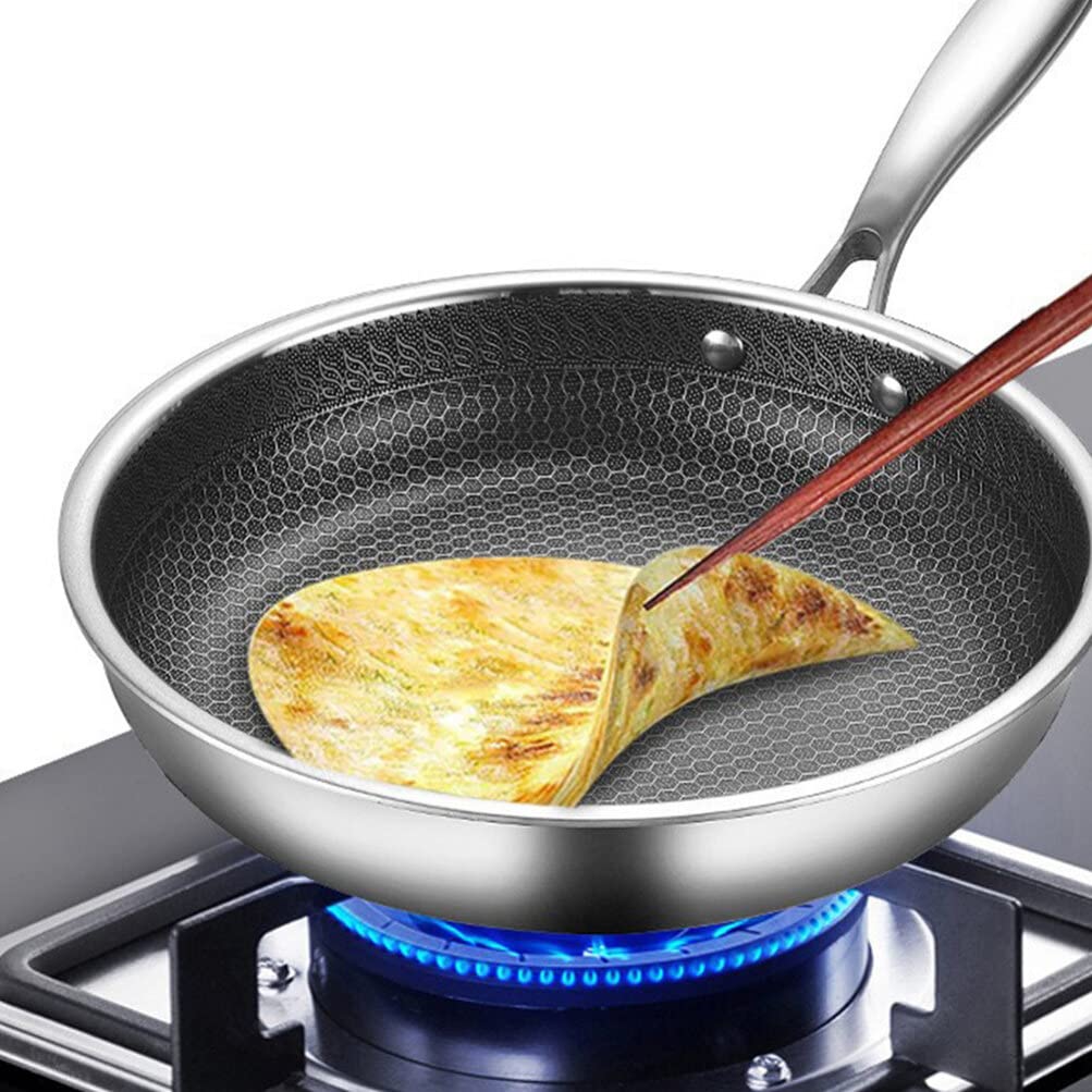 Yardwe Stainless Steel Wok Stainless Steel Cookware Flat Bottom Wok Stovetop Griddle Noodles Cooker Electric Stove Wok Deep Saute Pan Pot Nonstick Stainless Steel Griddle Pan Grilling Wok