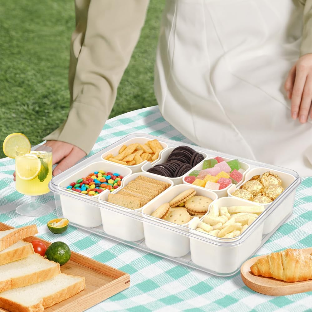 Snackle Box Container, 3rd Gen Vegetable Tray with Lid, Divided Serving Tray with Lid and Handle, 8 Compartment Veggie Platter, Snack Box Container, Food Organizer for Nuts, Candy, Fruits