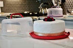 Top Shelf Elements Round Cake Carrier For Up To 10 Inch Cake Portable Cake Stands Two Sided Cake Box With Handle Fashionable Base Doubles as Five Section Serving Tray Container Holds Pies(Scarlet)