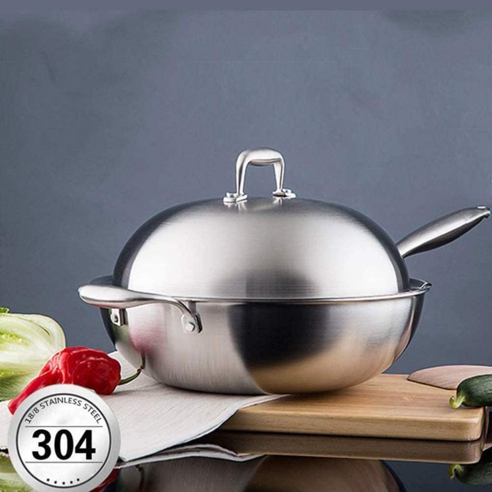 Wok With Lid, Professional 3-Ply Stainless Steel Chef's Pan with Lid,Fume-free Wok,suitable for Electric, Ceramic, Halogen, Gas and Induction Hobs, 32cm