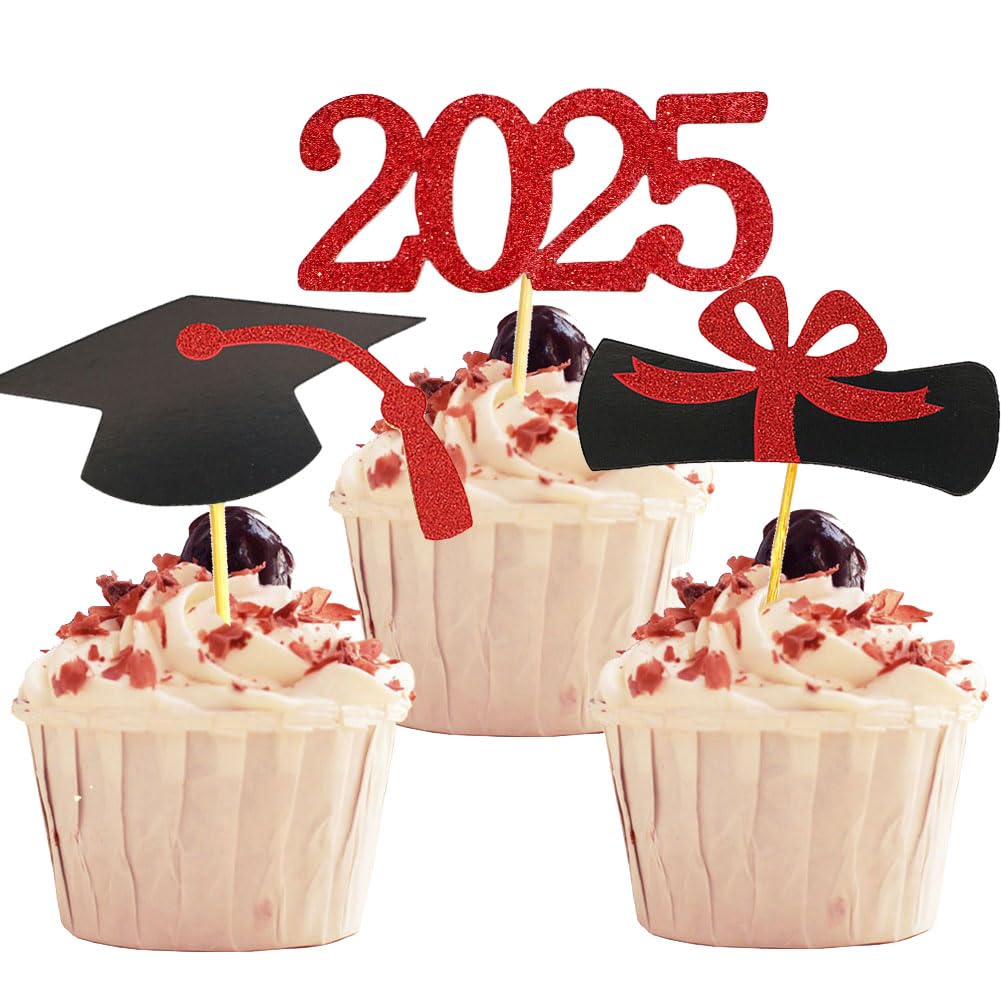 2025 Graduation Cupcake Toppers, 48 PCS Food/Appetizer Picks For Graduation Party Mini Cake Decorations, Diploma, 2025, Grad Cap Set 48 Pieces (01 Gold)
