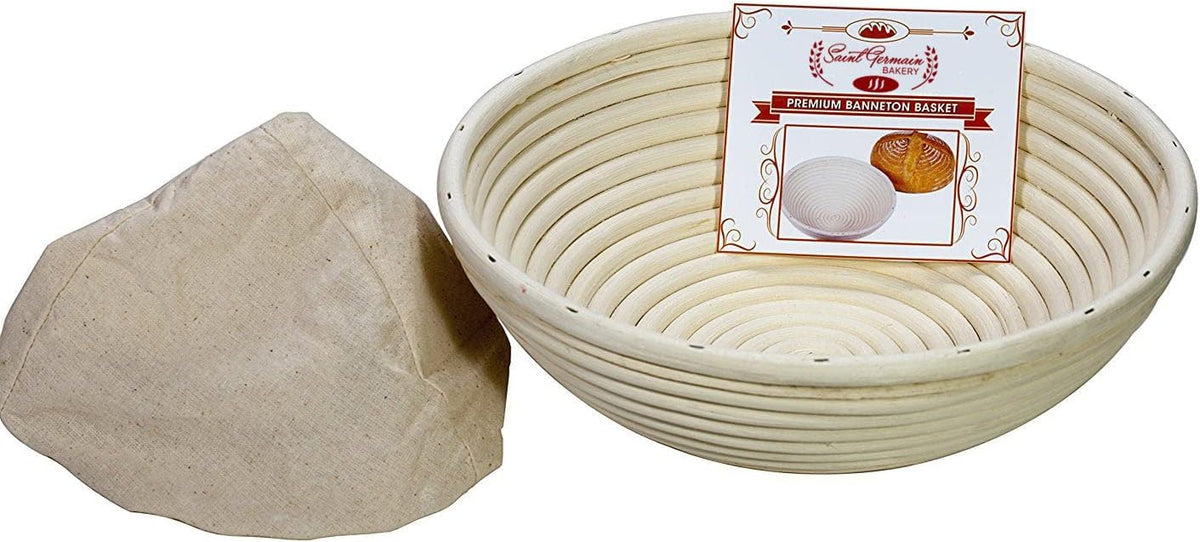 Saint Germain Bakery Premium Round Bread Banneton Basket with Liner - Perfect Brotform Proofing Basket for Making Beautiful Bread (9 inch)