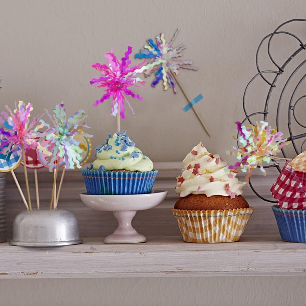 10 Pcs Happy Birthday Cake Toppers Foil Firework Cupcake Toppers Sparkle Tinsel Drink Stirrers Flowers Cake Decoration Cocktail Food Fruit Toothpick for Cake Decoration Party Supplies