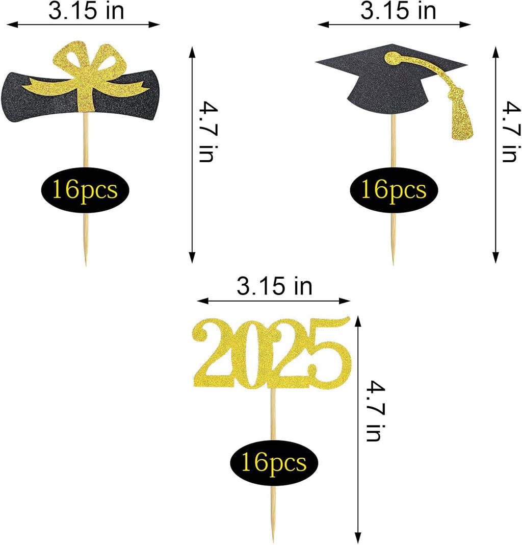 Graduation Cupcake Toppers 2025,48 PCS Graduations Decoration,Class of 2025 Food Appetizer Picks, Party Supplies/Food Appetizer Picks Mini Cake Decor (Gold)