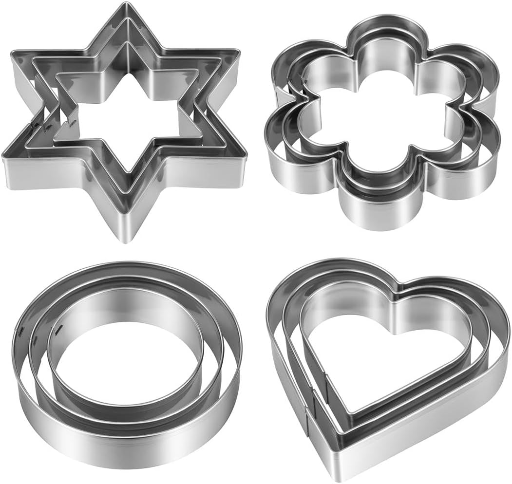 Metal Cookie Cutters Set 12 Pieces, Stainless Steel 3 Heart Cookie Cutters, 3 Star Cookie Cutters, 3 Flower Cookie Cutters, 3 Round Cookie Cutters for Valentine's Day Christmas Holiday