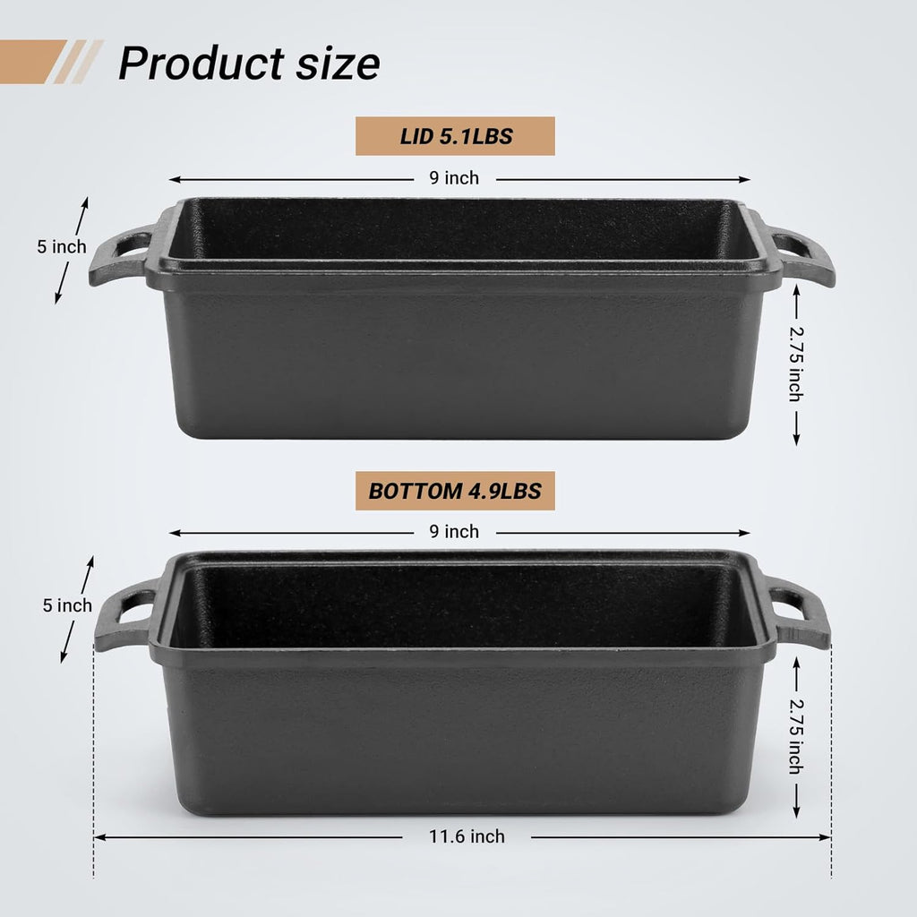 9×5 Inch Cast Iron Loaf Pan with Lid | Bread Baking Pans | Even Heat Distribution for Homemade Bread, Cake, Meatloaf, 2 Piece Set