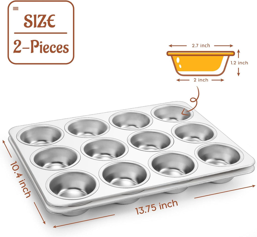 P&P CHEF Muffin Pan Cupcake Baking Pan Set, Stainless Steel Muffin Tin Tray for Mini Cake Tart Quiche, Oven & Dishwasher Safe, Non-toxic & Heavy-duty, (12 Cup, 2Pcs)