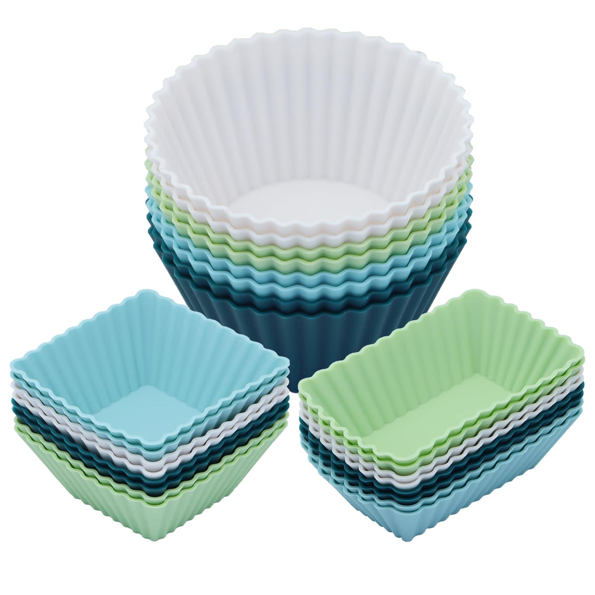 24Pack Silicone Muffin Cups, Reusable Cupcake Liners Molds for Baking, 3 Shapes Lunch Box Bento Dividers-Round, Square, and Rectangular (Neutral Colors, Regular Size)