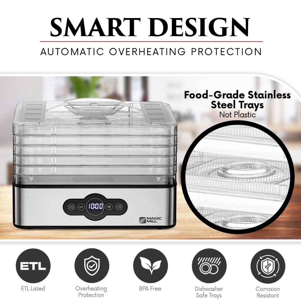 Magic Mill Food Suszarnia do żywności | 5 składanych tac ze stali nierdzewnej Suszarka do suszonego mięsa z cyfrowym regulowanym timerem i kontrolą temperatury - Elektryczna suszarka do żywności do owoców, warzyw, mięs i przysmaków dla psów