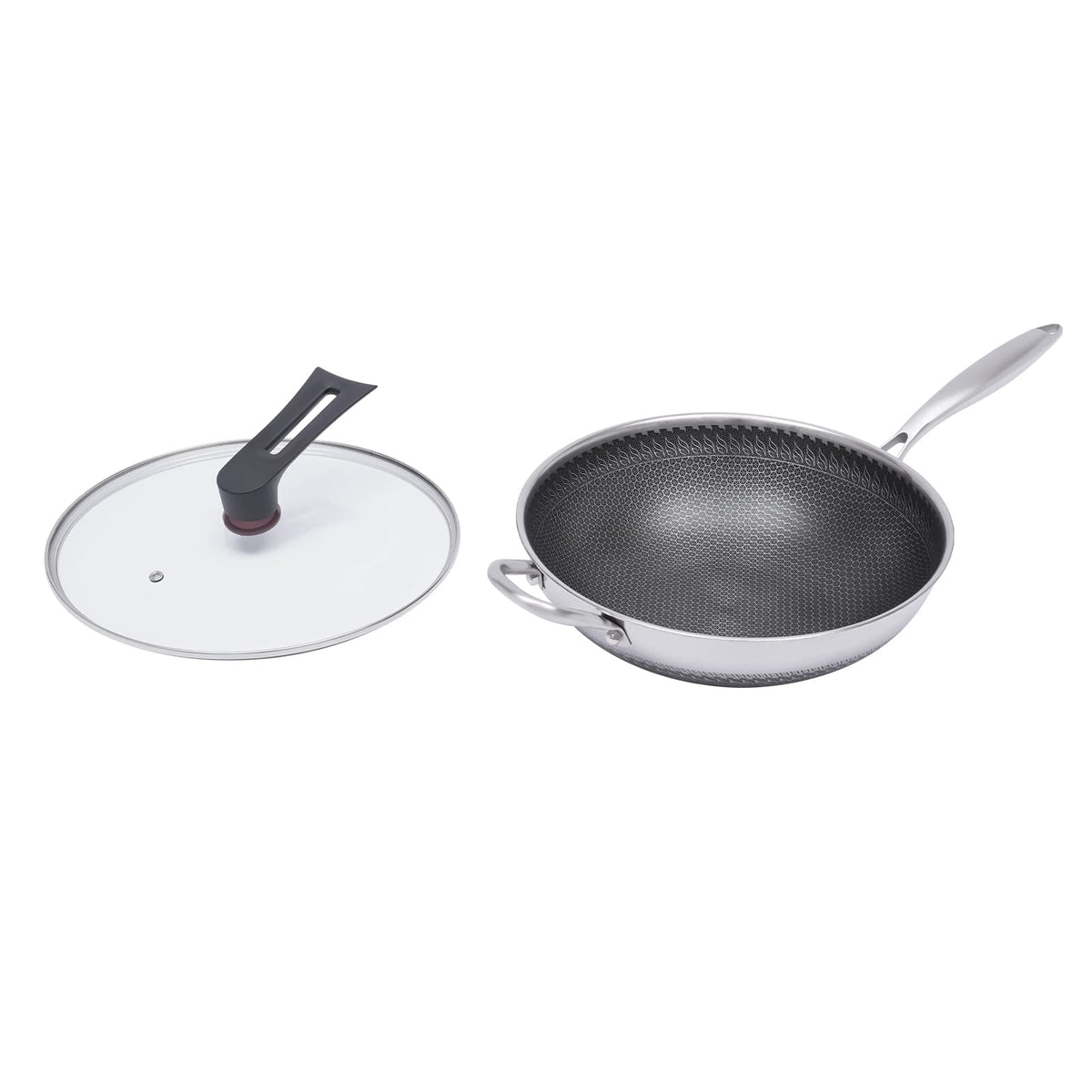 12-calowa patelnia wok ze stali nierdzewnej z pokrywką, powłoka plastra miodu, woki i patelnie do smażenia, nieprzywierający wok, zestaw indukcyjny, chiński wok, bez powłoki chemicznej, do indukcji, elektryczności, gazu, halogenu