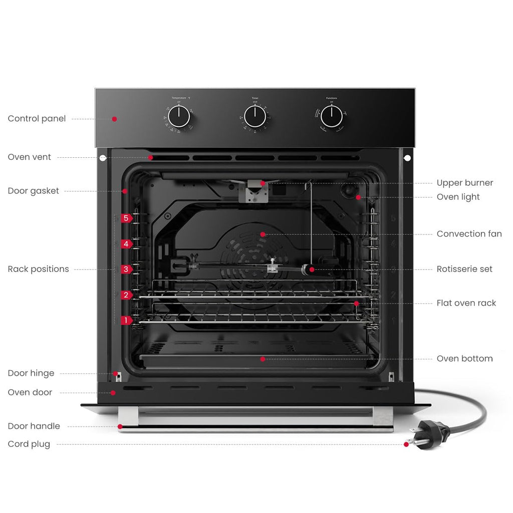 GASLAND 24 Inch Gas Wall Oven, Pro GS606MB Natural Gas Wall Oven, Built-in Single Wall Oven, with Bake Broil Rotisserie Functions, Built-in Timer and Convection Fan, 120V Cord Plug, Black