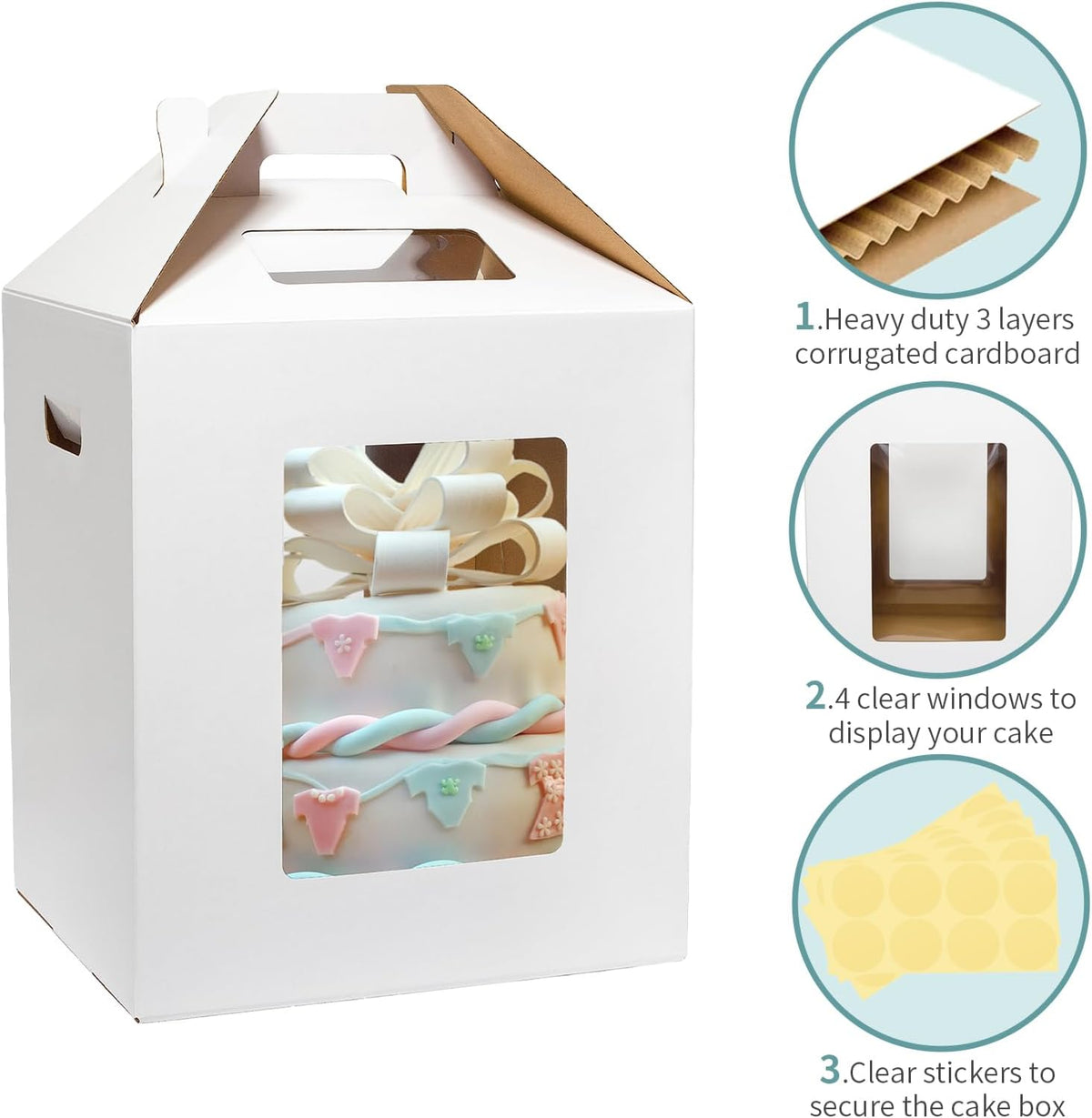 3 Pack Tall Cake Boxes for Tier Cakes 12x12x14 Inch Disposable Layer Tall Baking Carrier with Window Large Tierd Bakery Take Out Transport Containers with Handle for Wedding, Birthday, Party