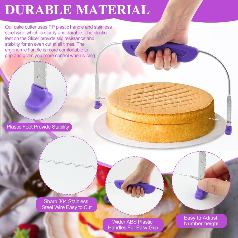 JIANWEI Adjustable Cake Leveler and Scraper Set, 4pcs Decorating Kit, Large Size Slicer, Decorating Comb, Pastry Cutter for Mousse Butter Cream (Purple)