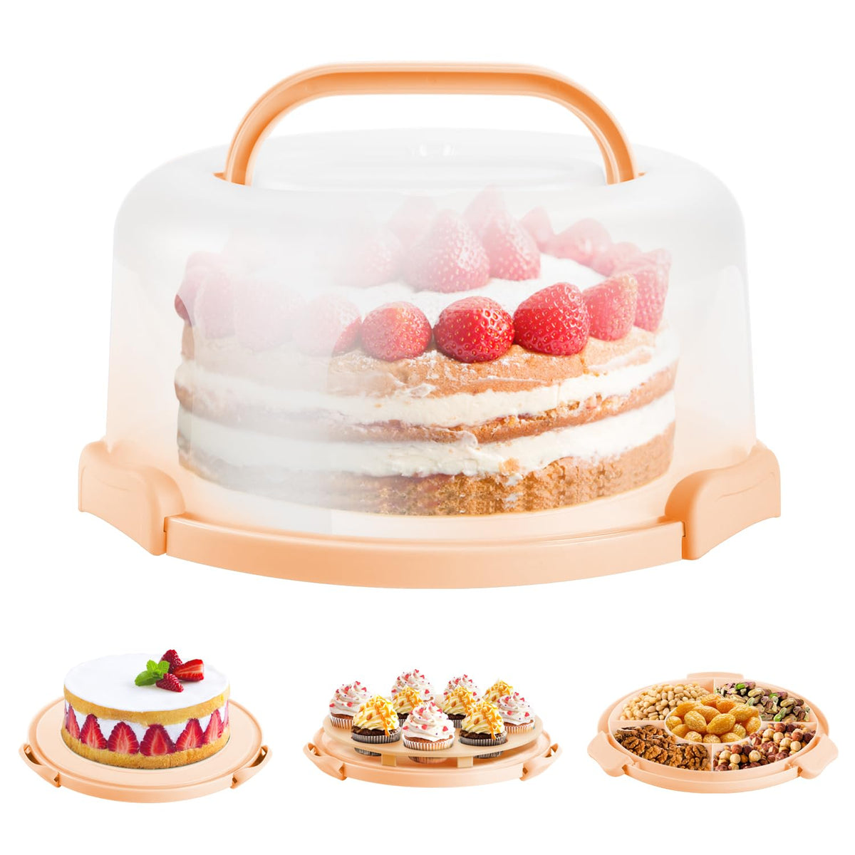 Ohuhu Cake Carrier with Lid and Handle, BPA-Free Cake Containers Cake Holder for 10 inch Cake with 2 Handles Cupcake Carrier - Plastic Cover Two Sided Base for Transport Pies Nuts Fruit Perfect Gifts