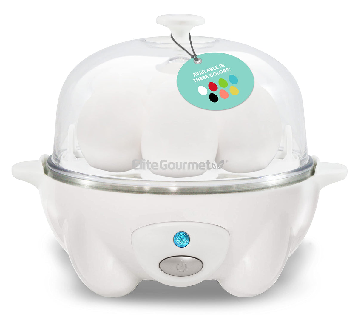 Elite Gourmet EGC-007## Швидковарна яєчня, 7 легко очищуваних, зварених твердих, середніх та некрутих яєць, браконьер, омлетниця, автоматичне вимкнення, сигналізація, буклет із 16 рецептами, білий колір