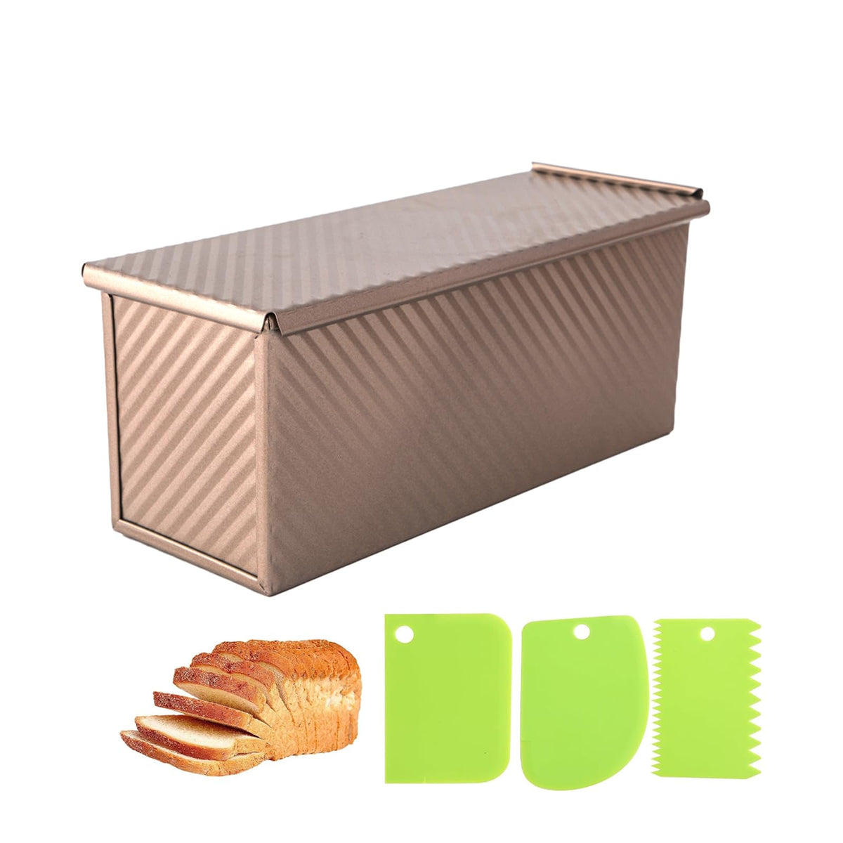 Pullman Loaf Pan with Lid, 1Pound Dough Capacity Rectangular Bread Pan, Non-Stick Long Bread Pans for Homemade Bread, 9x4inch Pullman Loaf Pan with Dough Scraper Cutter for Sandwich Bread