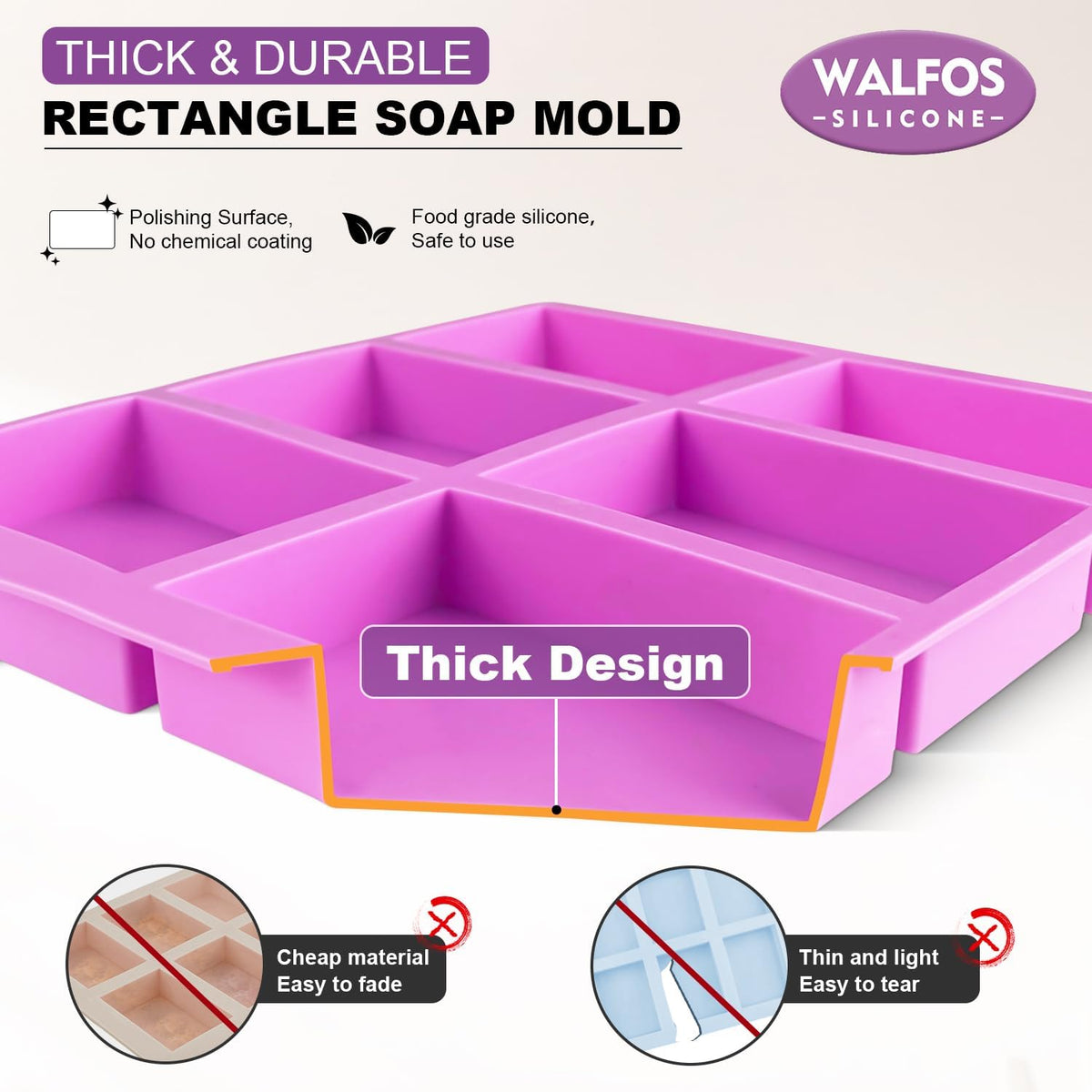 Walfos Silicone Soap Molds Set of 3, 6 Cavities Rectangle Silicone Soap Molds for Homemade Craft Soap Mold, Cake,Chocolate ＆ Ice Cube Tray（Blue & Purple ＆ Pink）