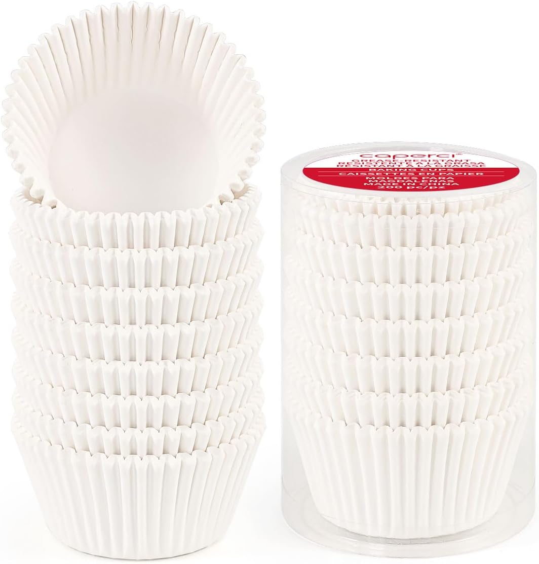 Standard White Cupcake Liners for Baking 200 Counts - Caperci Greaseproof Muffin Baking Cups for Wedding Birthday Party Baby Shower Festivals (White)