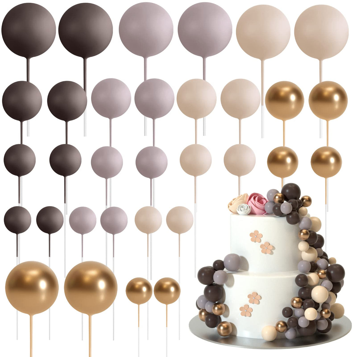 ASTARON 32 Pcs Ball Cake Topper Decorations Mini Balloons Cake Topper Sticks Foam Balls Cake Picks Cake Topper Balls Cake Decorations for Wedding Party Birthday Cake Decorating (Green Brown Gold)