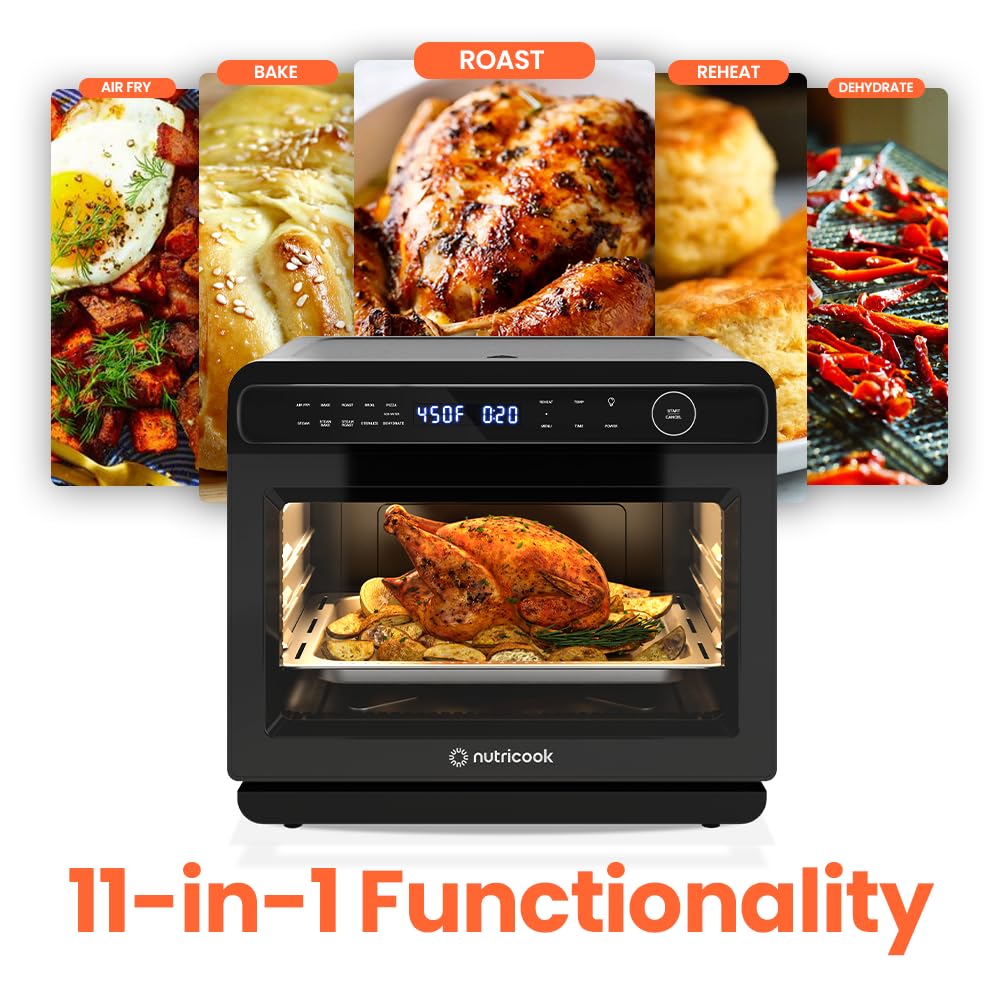 Аерофритюрниця Nutricook Steami 11-в-1 з конвекцією, 25QT, настільна духовка для випікання, смаження, приготування на пару, сушіння, піци - конвекційна піч з аксесуарами для здорового приготування їжі з нержавіючої сталі