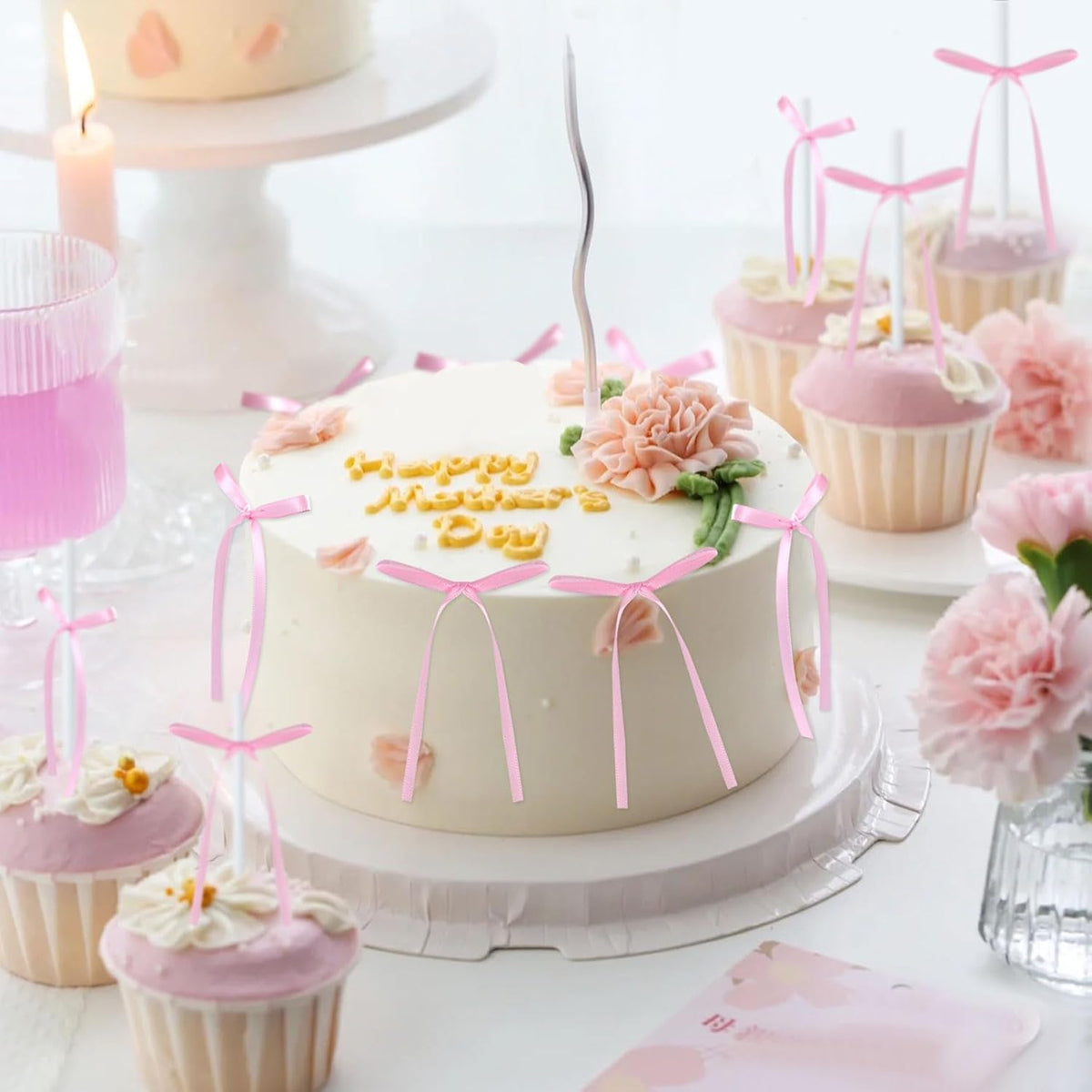 20 Pack Bow Cupcake Toppers Birthday Bowknot Ribbons Coquette Pink Bow High Footed Cup Balloon Wall Party Decorations Bridal Cake Dessert Picks Baby Girl Boy Wedding Party Supplies pink1
