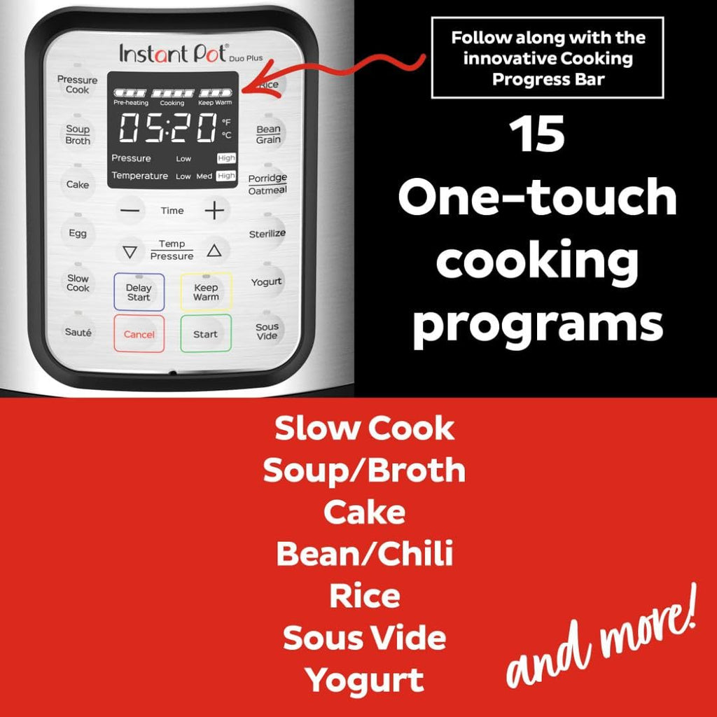 Instant Pot Duo Plus 9 w 1 elektryczny szybkowar, wolnowar, urządzenie do gotowania ryżu, parowar, urządzenie do smażenia, jogurtownica, podgrzewacz i sterylizator, zawiera aplikację z ponad 800 przepisami, stal nierdzewna, 6 litrów