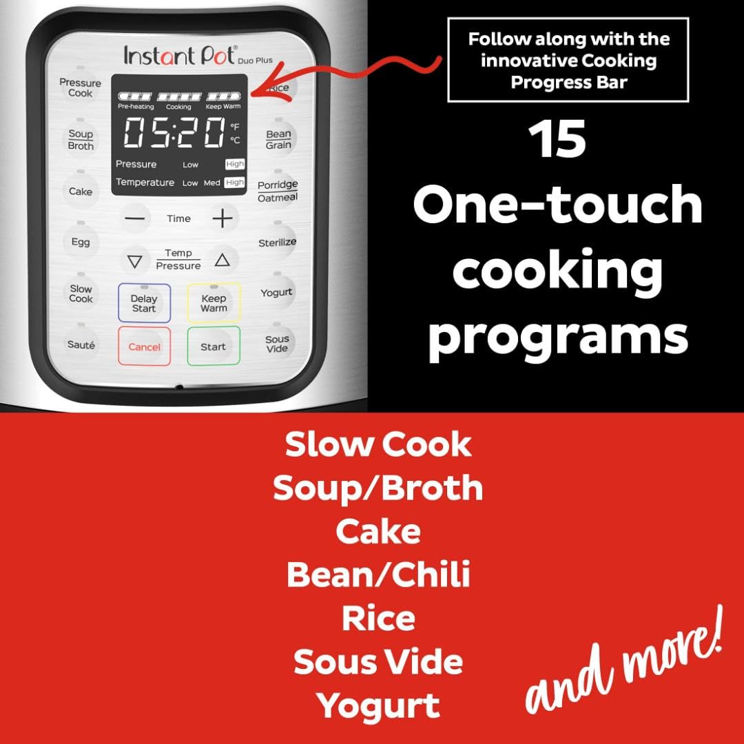 Instant Pot Duo Plus 9 w 1 elektryczny szybkowar, wolnowar, urządzenie do gotowania ryżu, parowar, urządzenie do smażenia, jogurtownica, podgrzewacz i sterylizator, zawiera aplikację z ponad 800 przepisami, stal nierdzewna, 6 litrów