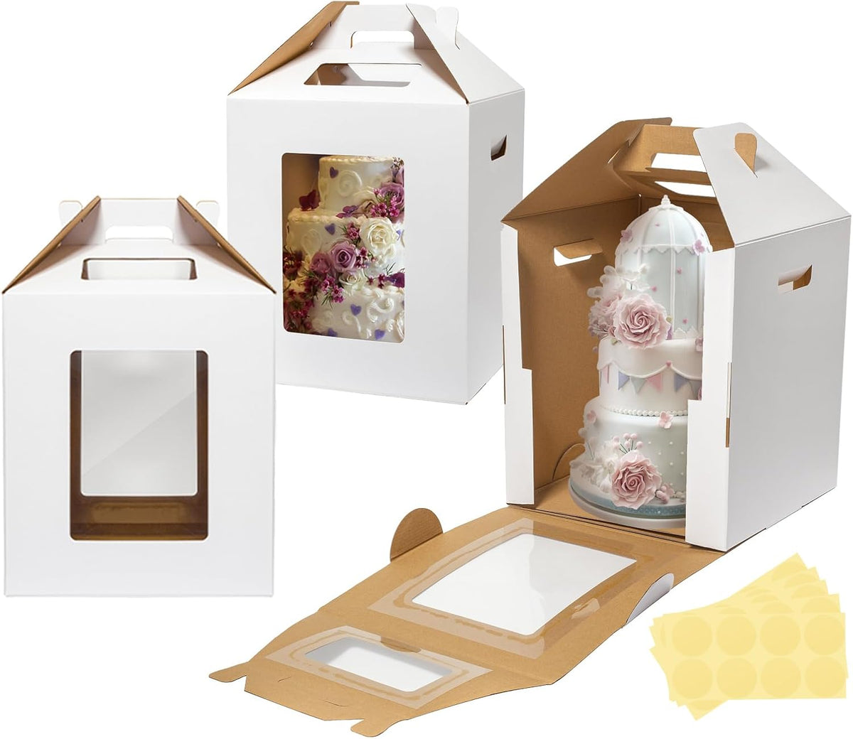 3 Pack Tall Cake Boxes for Tier Cakes 12x12x14 Inch Disposable Layer Tall Baking Carrier with Window Large Tierd Bakery Take Out Transport Containers with Handle for Wedding, Birthday, Party