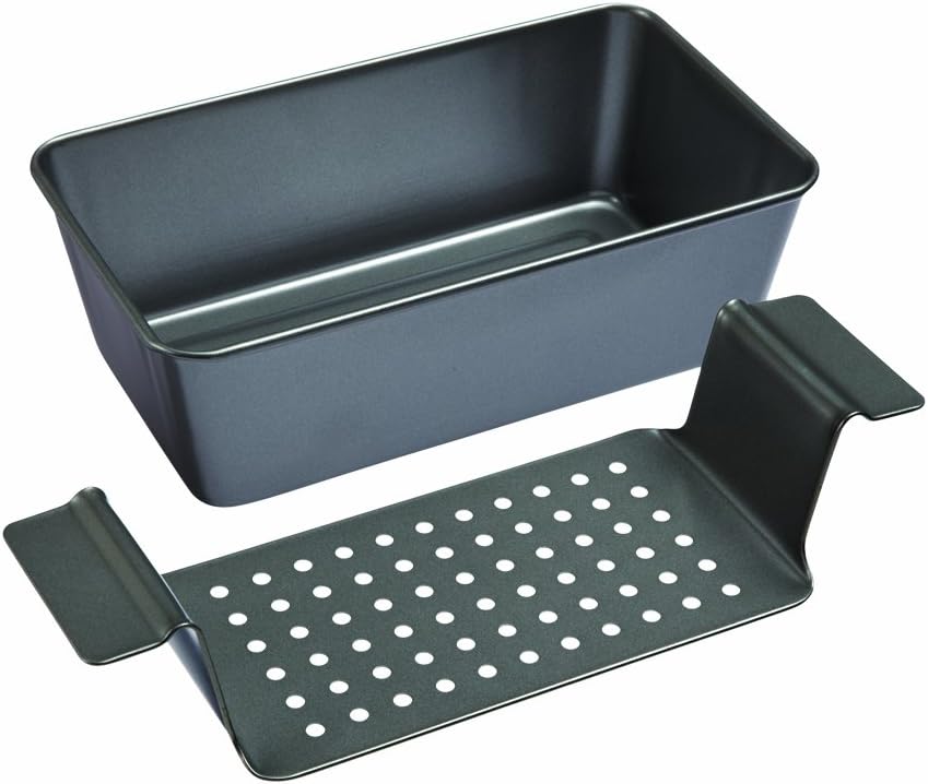 Chicago Metallic 2-Piece Healthy Meatloaf Pan with Draining Insert Professional Grade Non-Stick Carbon Steel Baking Pan with Lift and Serve Feature, 12.2 inch, Grey