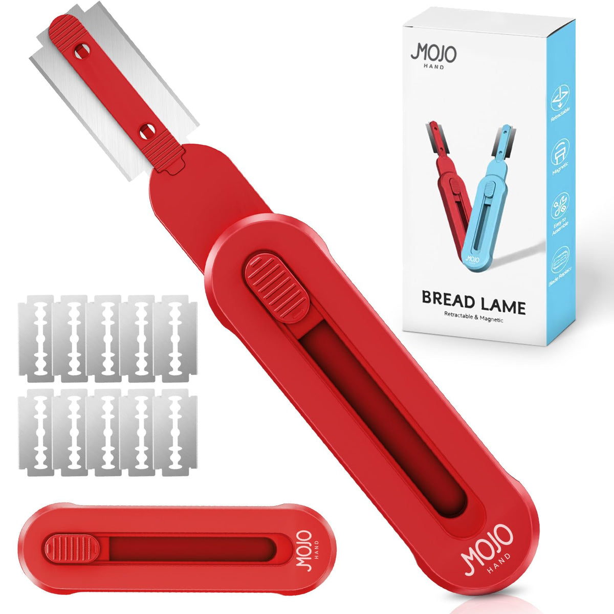 Bread lame for Dough, Magnetic & Reusable Bread Lame Dough Scoring Tool, Anti-Slip Handle with Long Retractable Razor blades, Sourdough Scoring tool for Bread Making (Blue)