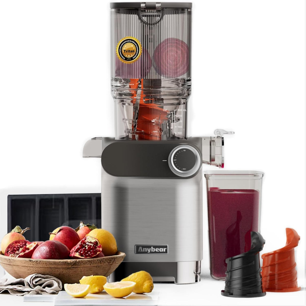 Wyciskarka do soku Anybear Cold Press, 200 W, wolnoobrotowa, 4,3-calowy duży otwór wlotowy, pasuje do całych owoców i warzyw | Ulepszony ślimak | Materiał Tritan | Bez BPA | Przepisy na soki (srebrny)