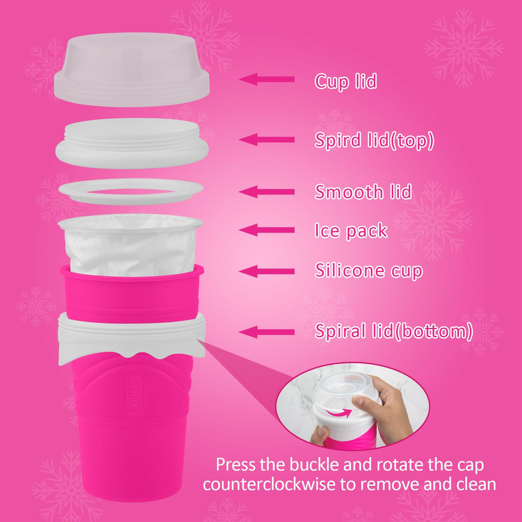 Slushie Maker Cup, DIY Magic Slushy Maker Squeeze Cup, Portable Smoothie Squeeze Cup for Juices, Milk and Ice Cream Make, Double Layers Silica Cup with Lid & Straw for Friends, Family Gifts (Pink)