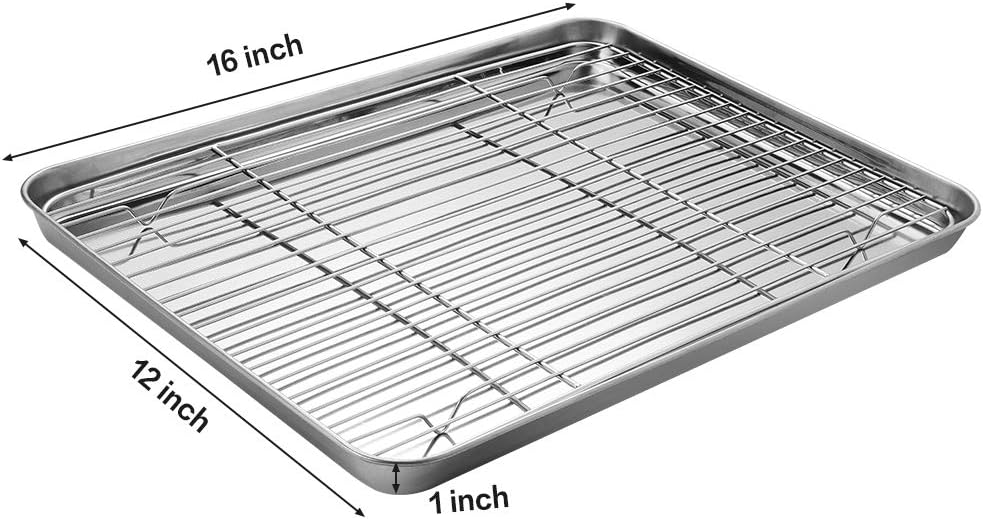 Stainless Steel Baking Sheet Tray Cooling Rack with Silicone Baking Mat Set, Cookie Pan with Cooling Rack, Set of 6 (2 Sheets + 2 Racks + 2 Mats), Size 16 x 12 x 1 Inch, Easy Clean