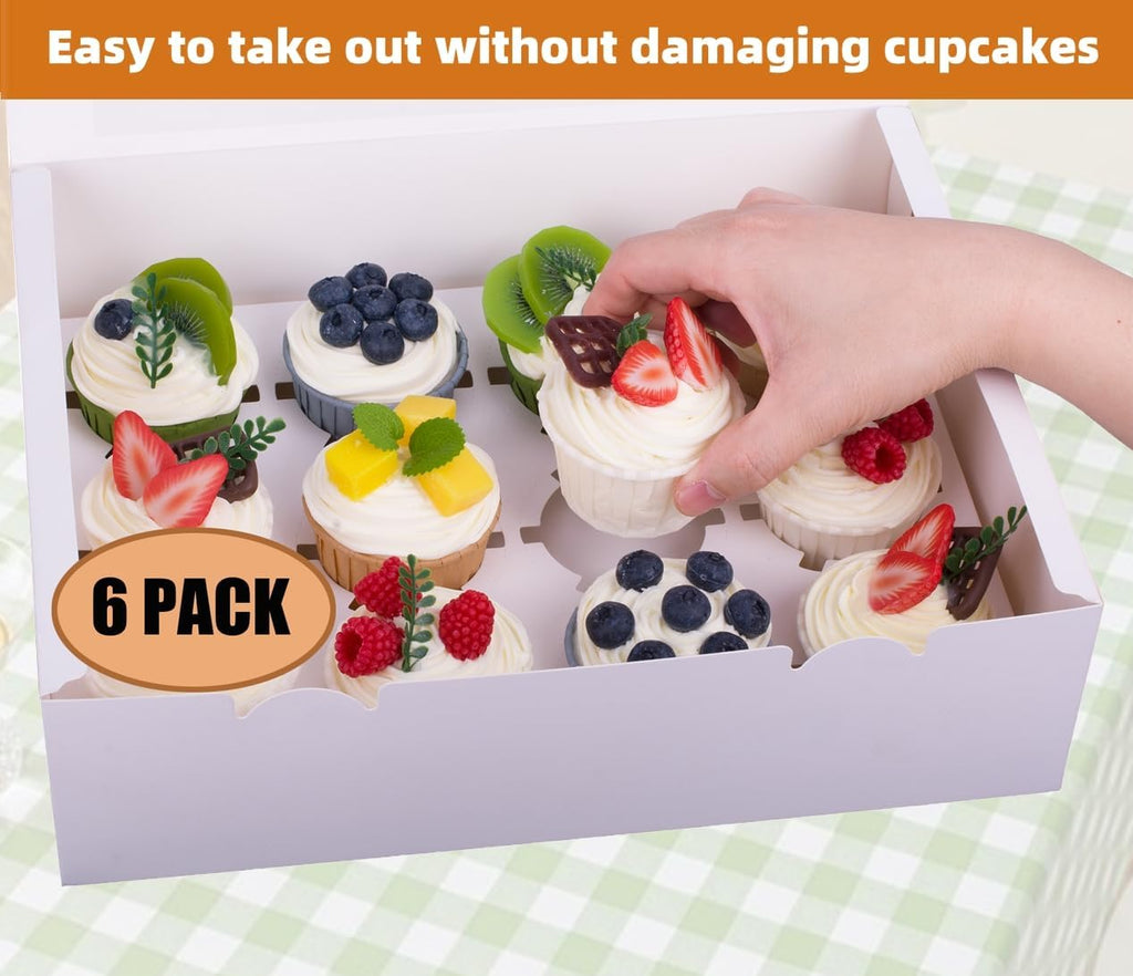 6-Set Cupcake Boxes Hold 12 Standard Cupcakes, Food Grade Cupcake Holders Bakery Carrier Boxes with Windows and Inserts for Cupcakes, Muffins and Pastries (White-6 Pack)