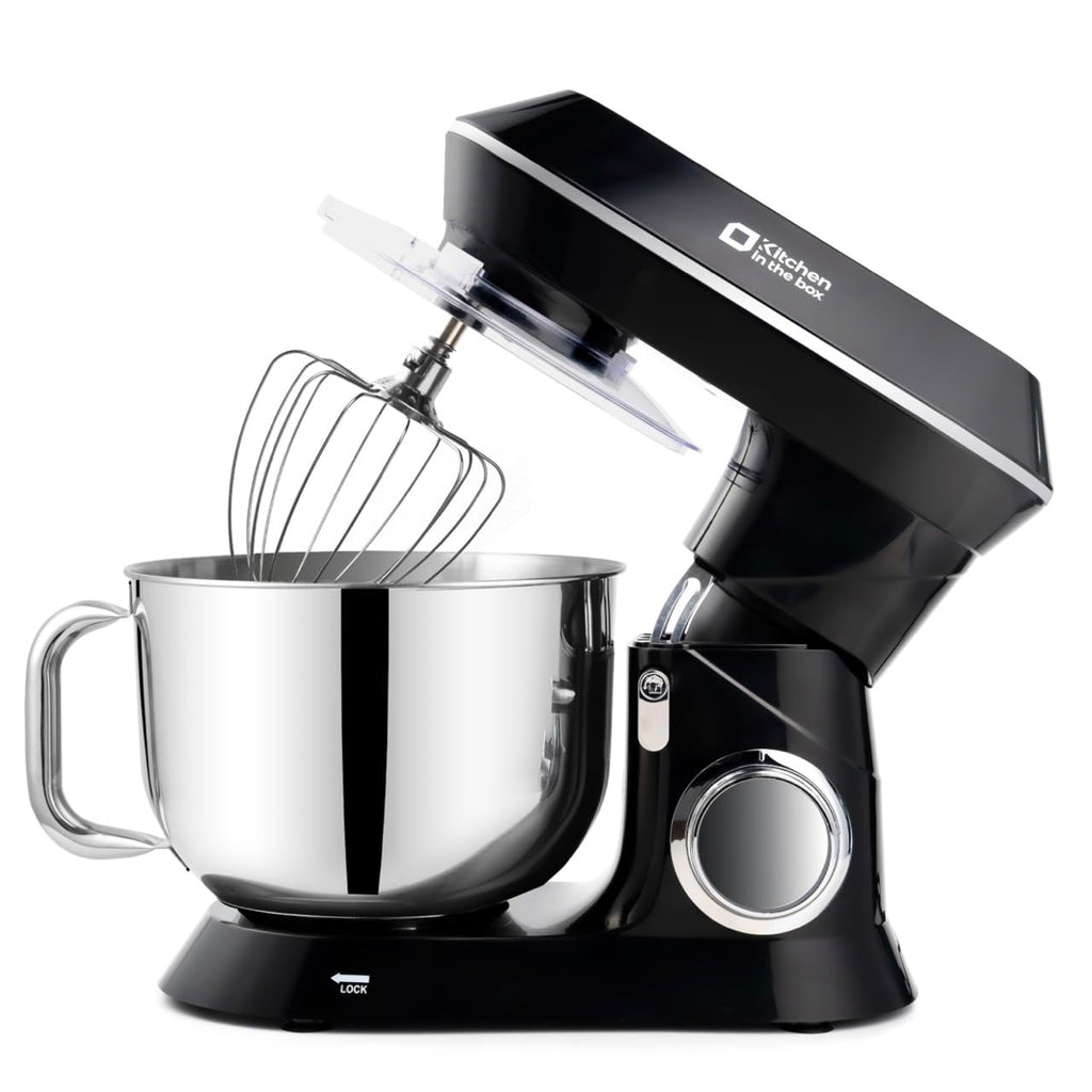 Mikser kuchenny w pudełku, 900 W, 7,5 QT, elektryczny mikser kuchenny, 6-biegowy mikser do żywności z głowicą pochyloną do pieczenia, hakiem do ciasta, trzepaczką, ubijakiem (czarny)
