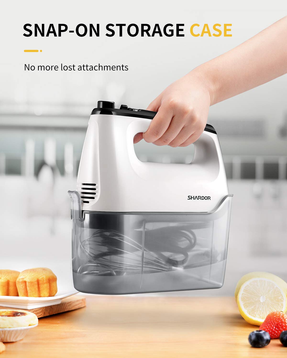 SHARDOR Hand Mixer Electric, 6 Speed & Turbo Mixer Electric Handheld, Snap-On Storage Case,5 Stainless Steel Accessories for Whipping, Mixing Cookies, Brownie, Cakes, Dough Batters, White