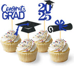 24Pcs Graduation Cupcake Toppers, Graduation Cupcake Picks for Cupcake Food Decorations - Class of 2025 Cupcake Toppers Supplies (Blue)