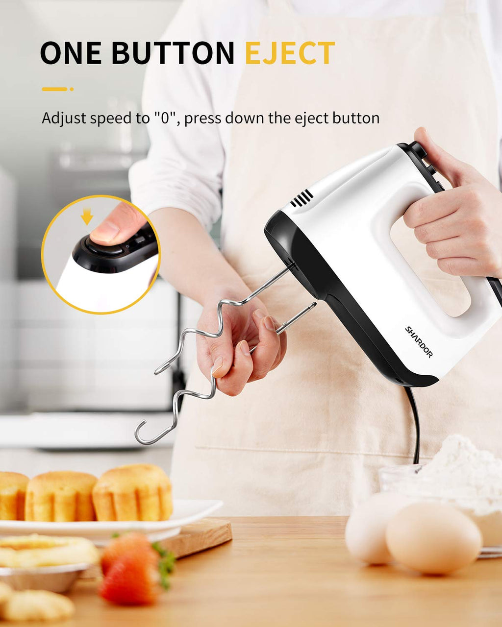 SHARDOR Hand Mixer Electric, 6 Speed & Turbo Mixer Electric Handheld, Snap-On Storage Case,5 Stainless Steel Accessories for Whipping, Mixing Cookies, Brownie, Cakes, Dough Batters, White