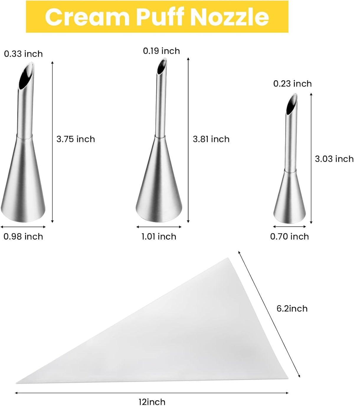 3Pcs Cream Icing Piping Nozzle Tips,Stainless Steel Long Puff Nozzle Tip With 10Pcs Disposable Piping Bags,Puff Pastry Filling Cake Decorating Tools