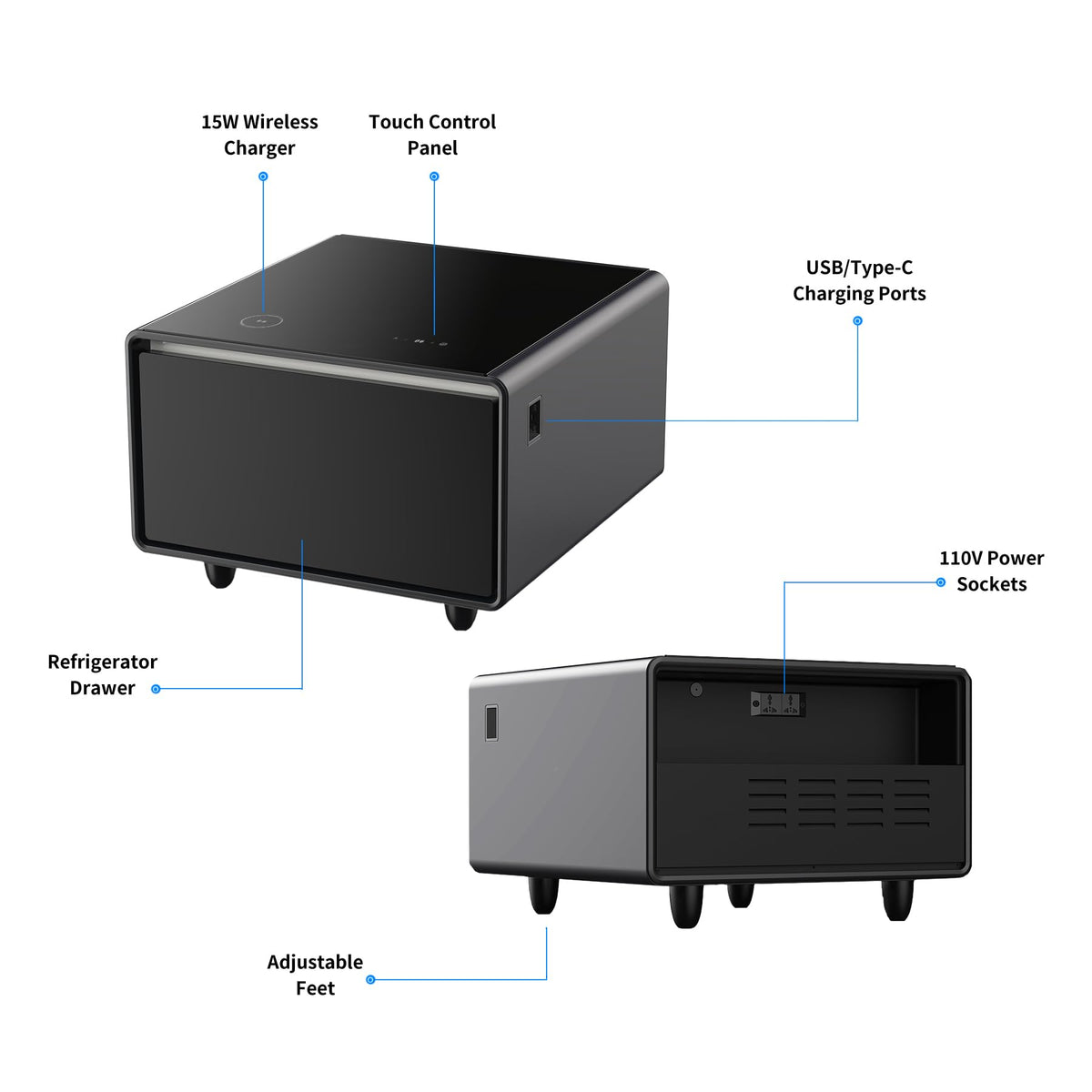 Smart Coffee Table with Fridge, Smart Coffee Table with Wireless Charging Station, Temperature Control, Power Socket, USB Ports, Outlet Protection and Induction Light, Fridge Coffee Table, Black